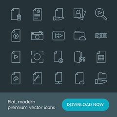 Modern Simple Set of folder, video, photos, files Vector outline Icons. Contains such Icons as  game, technology, remove, document,  media and more on dark background. Fully Editable. Pixel Perfect.