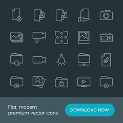 Modern Simple Set of folder, video, photos, files Vector outline Icons. Contains such Icons as  photo,  web,  button,  person,  design, play and more on dark background. Fully Editable. Pixel Perfect.