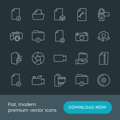 Modern Simple Set of folder, video, photos, files Vector outline Icons. Contains such Icons as  folder,  web,  photo,  error,  business,  cd and more on dark background. Fully Editable. Pixel Perfect.