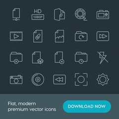 Modern Simple Set of folder, video, photos, files Vector outline Icons. Contains such Icons as  photo, light,  back,  caption,  modern,  off and more on dark background. Fully Editable. Pixel Perfect.