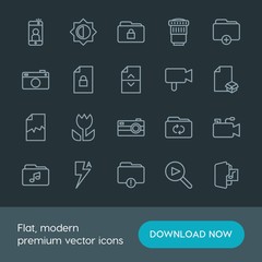 Modern Simple Set of folder, video, photos, files Vector outline Icons. Contains such Icons as movie,  camera,  photo,  lens,  mobile,  lock and more on dark background. Fully Editable. Pixel Perfect.