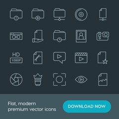 Modern Simple Set of folder, video, photos, files Vector outline Icons. Contains such Icons as  old,  objective,  camera,  background,  sign and more on dark background. Fully Editable. Pixel Perfect.