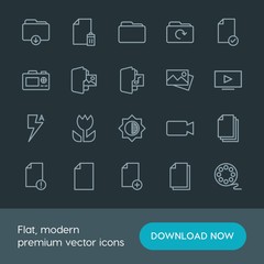 Modern Simple Set of folder, video, photos, files Vector outline Icons. Contains such Icons as  download,  storage, check,  television, add and more on dark background. Fully Editable. Pixel Perfect.