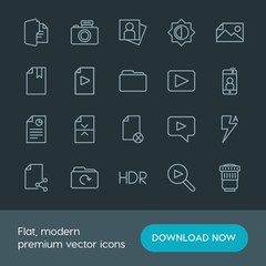 Modern Simple Set of folder, video, photos, files Vector outline Icons. Contains such Icons as  fashion,  equipment,  icon,  symbol,  mobile and more on dark background. Fully Editable. Pixel Perfect.