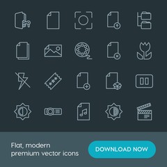 Modern Simple Set of folder, video, photos, files Vector outline Icons. Contains such Icons as  illustration, projector,  background, camera and more on dark background. Fully Editable. Pixel Perfect.