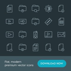 Modern Simple Set of folder, video, photos, files Vector outline Icons. Contains such Icons as  remove,  web, dark,  design, document,  tv and more on dark background. Fully Editable. Pixel Perfect.