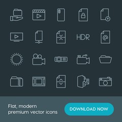 Modern Simple Set of folder, video, photos, files Vector outline Icons. Contains such Icons as  information,  paper,  camera,  computer, hdr and more on dark background. Fully Editable. Pixel Perfect.