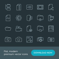 Modern Simple Set of folder, video, photos, files Vector outline Icons. Contains such Icons as  media,  code,  video, file,  symbol,  design and more on dark background. Fully Editable. Pixel Perfect.