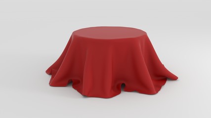 3d illustration of Round table covered with red fabric isolated on white background