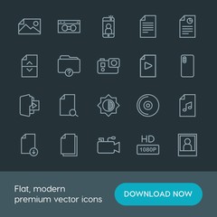 Modern Simple Set of folder, video, photos, files Vector outline Icons. Contains such Icons as  illustration,  shot,  information,  document and more on dark background. Fully Editable. Pixel Perfect.