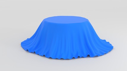 3d illustration of Round table covered with blue fabric isolated on white background