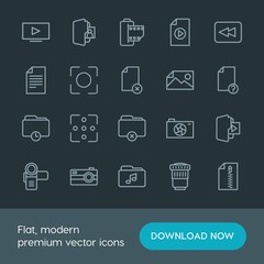 Modern Simple Set of folder, video, photos, files Vector outline Icons. Contains such Icons as  delete,  space,  web,  camera,  technology and more on dark background. Fully Editable. Pixel Perfect.