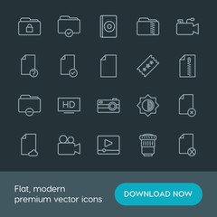 Modern Simple Set of folder, video, photos, files Vector outline Icons. Contains such Icons as  lock,  confidential,  equipment, dvd, data and more on dark background. Fully Editable. Pixel Perfect.