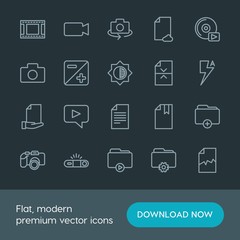 Modern Simple Set of folder, video, photos, files Vector outline Icons. Contains such Icons as  space,  cloud,  add,  sign,  dslr,  iso,  cd and more on dark background. Fully Editable. Pixel Perfect.