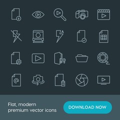 Modern Simple Set of folder, video, photos, files Vector outline Icons. Contains such Icons as  photography,  business, camera,  symbol and more on dark background. Fully Editable. Pixel Perfect.