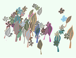Abstract illustrations of leaves & flowers, conceptual pattern. Drawing, repeat, backdrop & details.