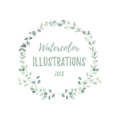 Watercolor illustration. Botanical label with eucalyptus leaves. Herbal. Floral Design elements. Perfect for wedding invitations, greeting cards, blogs, posters and more