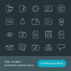 Modern Simple Set of folder, video, photos, files Vector outline Icons. Contains such Icons as  lens, light,  high, movie, portrait,  icon and more on dark background. Fully Editable. Pixel Perfect.