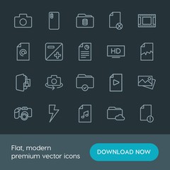 Modern Simple Set of folder, video, photos, files Vector outline Icons. Contains such Icons as  network, data,  dual,  picture,  database and more on dark background. Fully Editable. Pixel Perfect.
