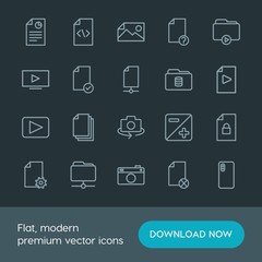 Modern Simple Set of folder, video, photos, files Vector outline Icons. Contains such Icons as  symbol,  business,  photo,  pocket,  code and more on dark background. Fully Editable. Pixel Perfect.