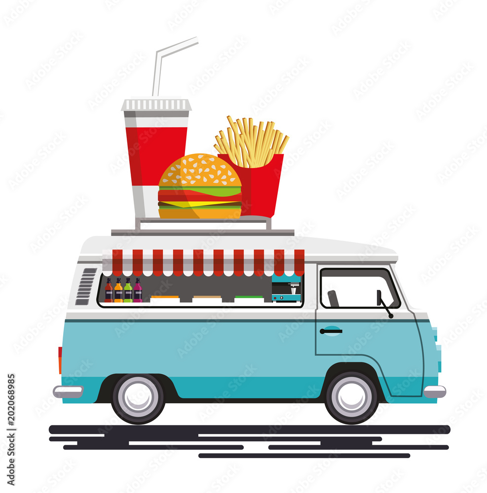 Wall mural street fast food machine in a flat style. fast food truck city car. fast-food car. street food truck