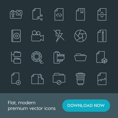 Modern Simple Set of folder, video, photos, files Vector outline Icons. Contains such Icons as  booklet,  document, dvd,  theater,  concept and more on dark background. Fully Editable. Pixel Perfect.