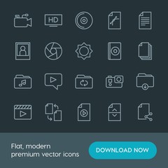 Modern Simple Set of folder, video, photos, files Vector outline Icons. Contains such Icons as  download,  television,  video, disc,  film and more on dark background. Fully Editable. Pixel Perfect.