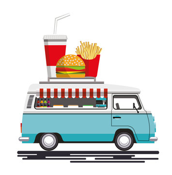 Street fast food machine in a flat style. Fast food truck city car. Fast-food car. Street food truck. Street food car. Food truck street food van. Vector illustration Eps10 file