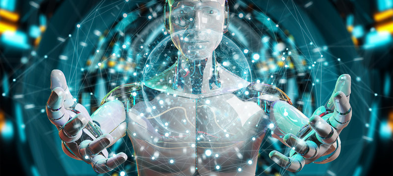 White male robot using digital screen interface 3D rendering