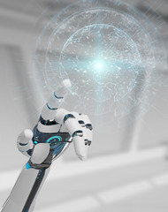White cyborg hand using planet Earth interface 3D rendering