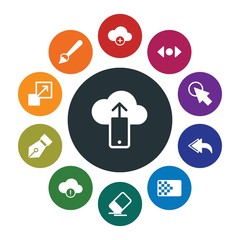 cloud and networking, cursors, design, email Infographic Colorful fill Icons Set. Contains such Icons as information,  icon,  rubber,  erase,  internet,  upload and more. Fully Editable. Pixel Perfect