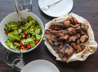 Pork neck, made from charcoal, vegetable salad