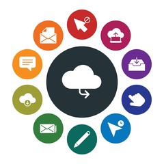 cloud and networking, cursors, design, email Infographic Colorful fill Icons Set. Contains such Icons as  click, chat,  business,  drawing,  transfer,  e-mail and more. Fully Editable. Pixel Perfect