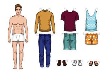 Vector colorful set of fashionable men's outfits isolated from background. Cartoon style guy paper doll with summer clothes