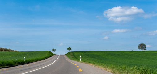 Strasse mit grünem Feld in den blauen Himmel