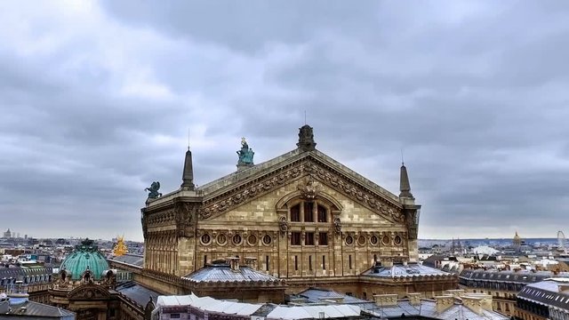 Establishing shot of The roofs of Paris with The Opera de Paris (Palais Garnier)