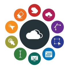 cloud and networking, cursors, design, email Infographic Colorful fill Icons Set. Contains such Icons as  air,  set,  cloudscape, cloud,  design, click,  month and more. Fully Editable. Pixel Perfect