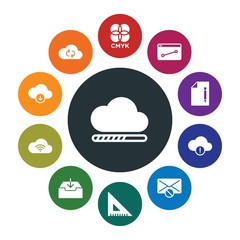 cloud and networking, cursors, design, email Infographic Colorful fill Icons Set. Contains such Icons as data,  cloud,  sync,  e-mail,  print,  connection, cmyk and more. Fully Editable. Pixel Perfect