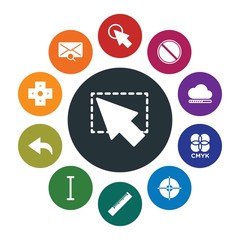 cloud and networking, cursors, design, email Infographic Colorful fill Icons Set. Contains such Icons as text,  symbol,  color, forward,  domino, risk,  click and more. Fully Editable. Pixel Perfect