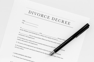 Fototapeta na wymiar Divorce decree. Document on white backgroud top view