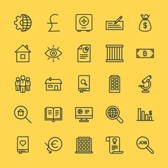 Fototapeta na wymiar Modern Simple Set of business, money, buildings, education Vector outline Icons. Contains such Icons as market, estate, property, bank and more on yellow background. Fully Editable. Pixel Perfect.