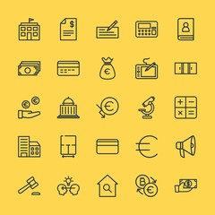 Modern Simple Set of business, money, buildings, education Vector outline Icons. Contains such Icons as  invoice,  currency,  bank, court and more on yellow background. Fully Editable. Pixel Perfect.
