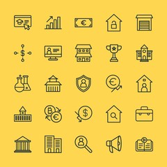 Modern Simple Set of business, money, buildings, education Vector outline Icons. Contains such Icons as  loudspeaker,  justice,  web, home and more on yellow background. Fully Editable. Pixel Perfect.