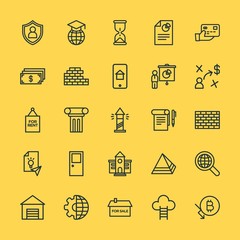 Modern Simple Set of business, money, buildings, education Vector outline Icons. Contains such Icons as time, payment,  global, climb and more on yellow background. Fully Editable. Pixel Perfect.