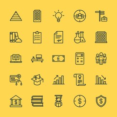 Modern Simple Set of business, money, buildings, education Vector outline Icons. Contains such Icons as  background,  vector,  target and more on yellow background. Fully Editable. Pixel Perfect.