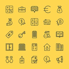 Modern Simple Set of business, money, buildings, education Vector outline Icons. Contains such Icons as  property,  money, agreement, bag and more on yellow background. Fully Editable. Pixel Perfect.