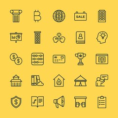 Modern Simple Set of business, money, buildings, education Vector outline Icons. Contains such Icons as  loud,  fuel,  school, music, pump and more on yellow background. Fully Editable. Pixel Perfect.