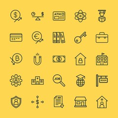 Modern Simple Set of business, money, buildings, education Vector outline Icons. Contains such Icons as  book,  real,  download,  account and more on yellow background. Fully Editable. Pixel Perfect.