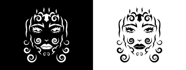 Tribal woman portrait, Woman portait in tribal style illustration in black and white