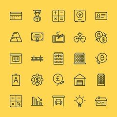 Modern Simple Set of business, money, buildings, education Vector outline Icons. Contains such Icons as  mechanic,  property,  new,  young and more on yellow background. Fully Editable. Pixel Perfect.